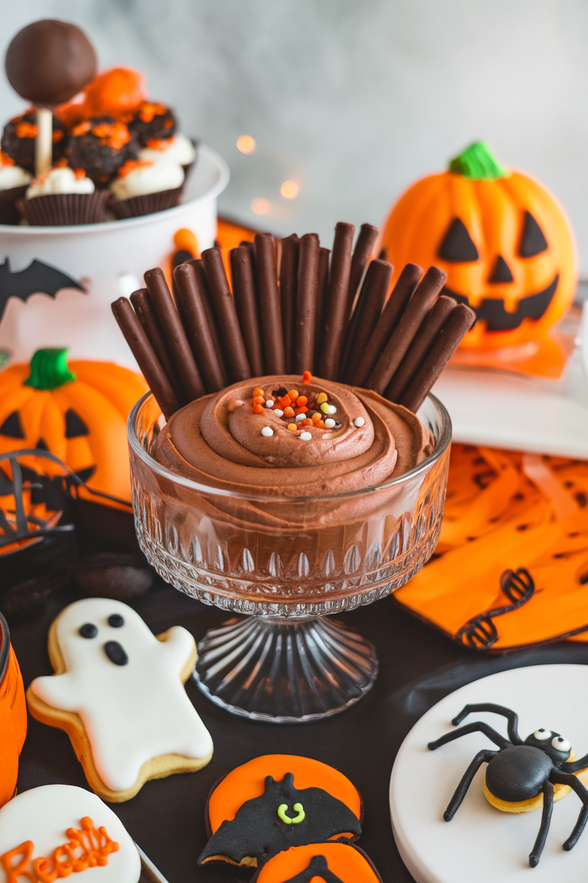 An indoor Halloween dessert bar displaying a glass bowl of chocolate pumpkin dip with chocolate wafer cookies. Photo, no text or logos.