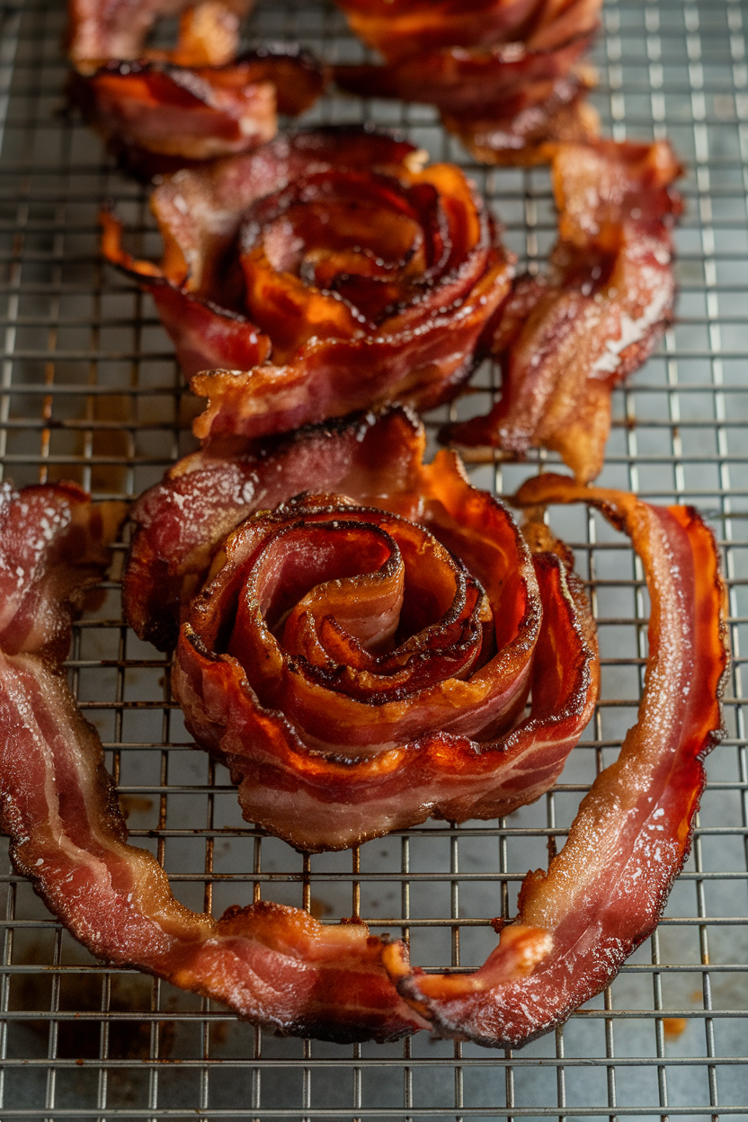 An indoor wire rack with spiraled bacon strips coated in shiny bourbon sugar glaze, slight caramelization visible. No text or logos. Photo only.