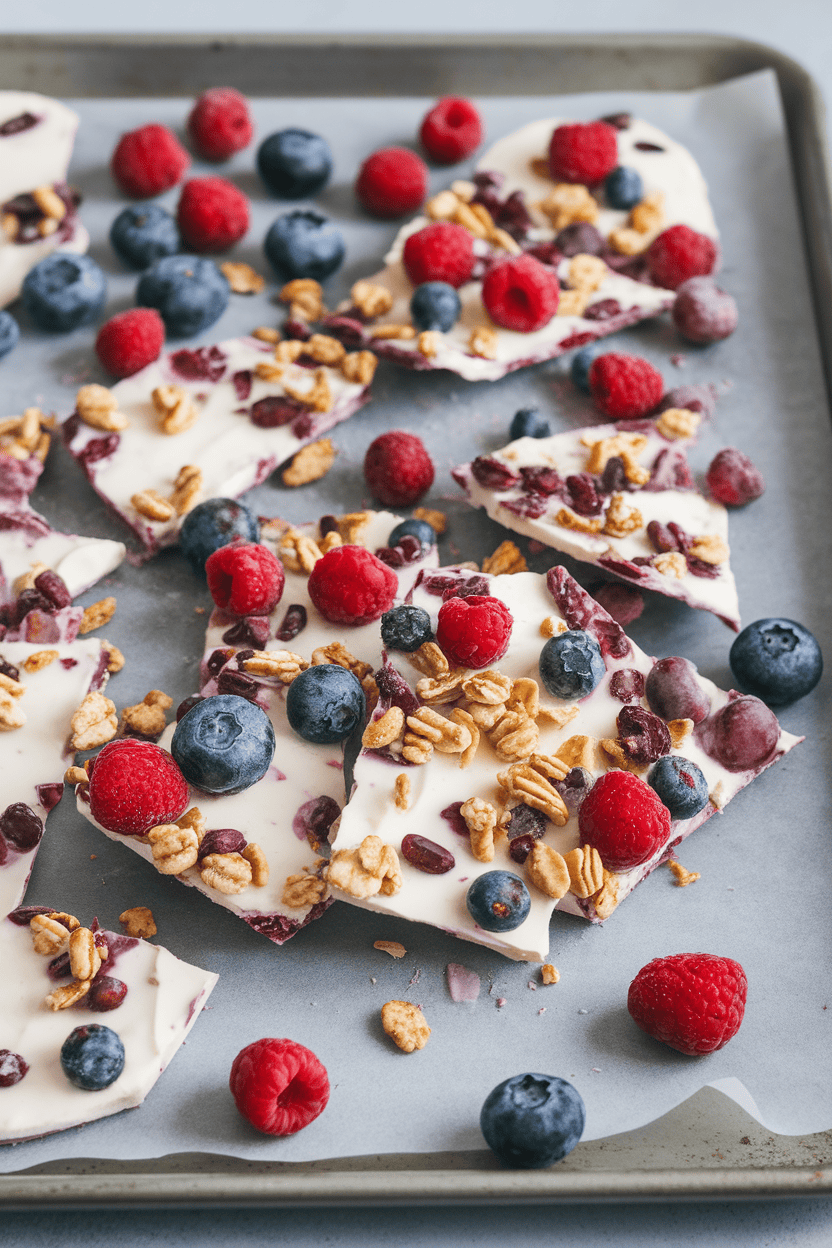 Indoor photo of a baking sheet with frozen yogurt bark broken into shards, berries and granola visible, no text or logos