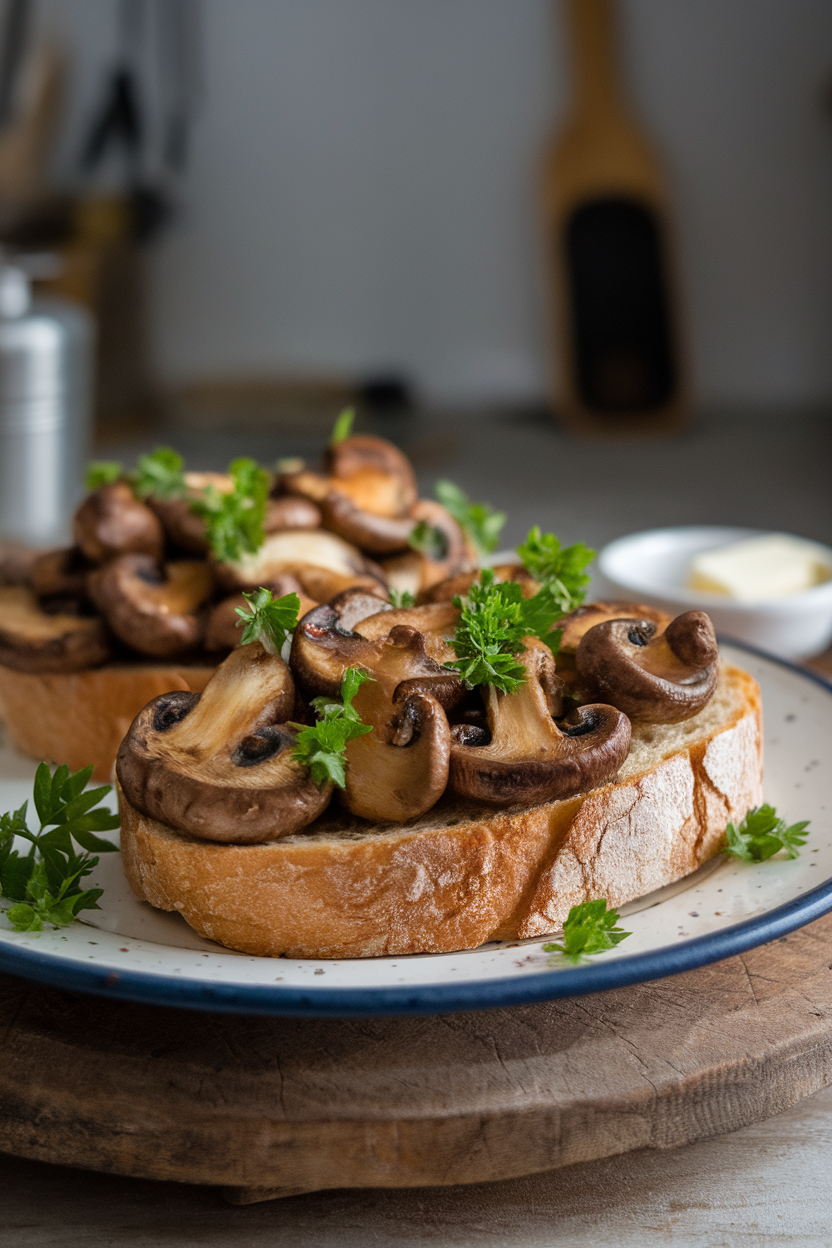 A rustic indoor plate holding sourdough toast piled high with sautéed garlic mushrooms and fresh parsley. Photo only, no text or logos.