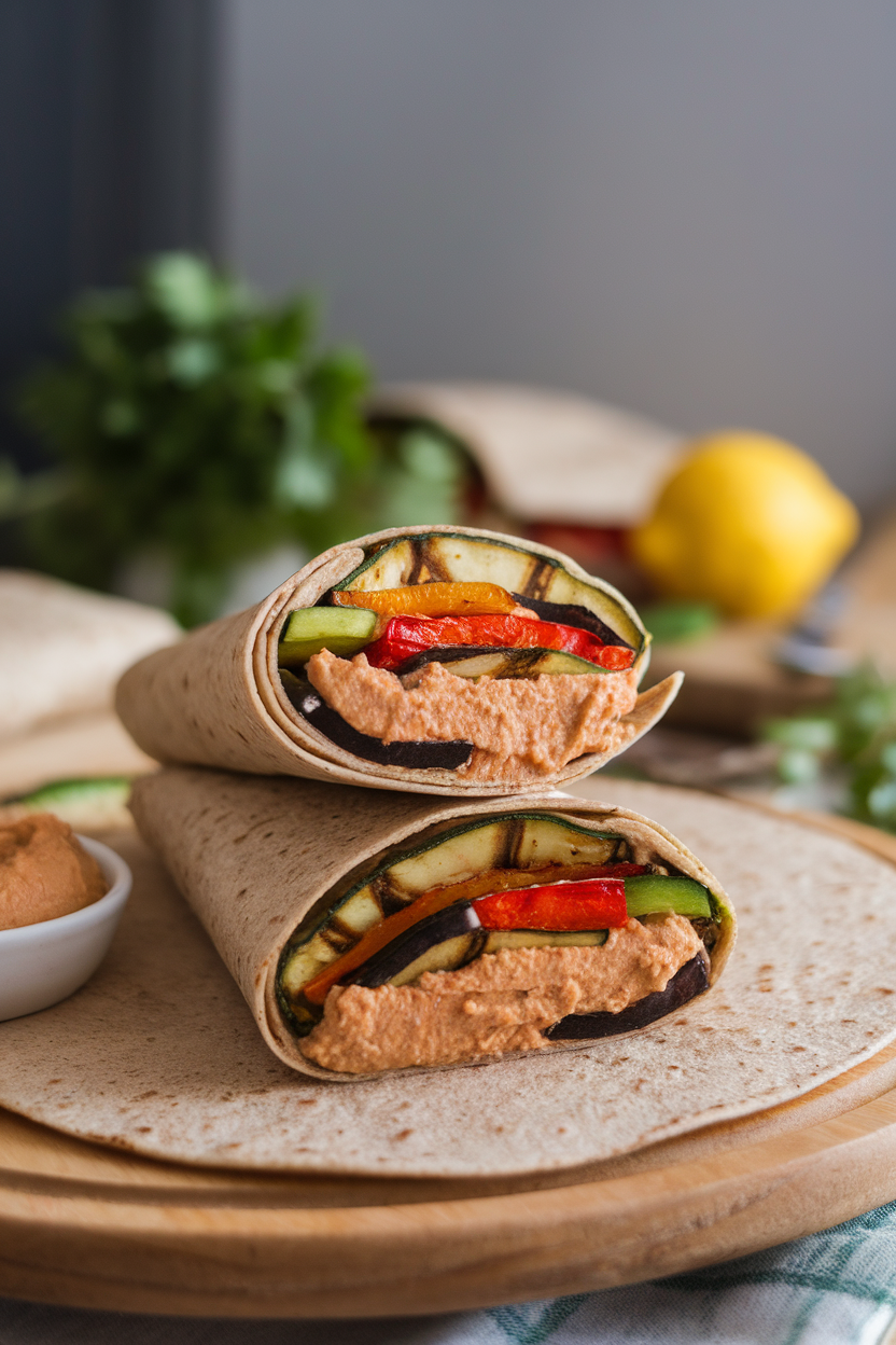 Indoor photo of a sliced wrap revealing hummus, grilled zucchini, eggplant, and peppers inside a whole-grain tortilla. No text or logos.