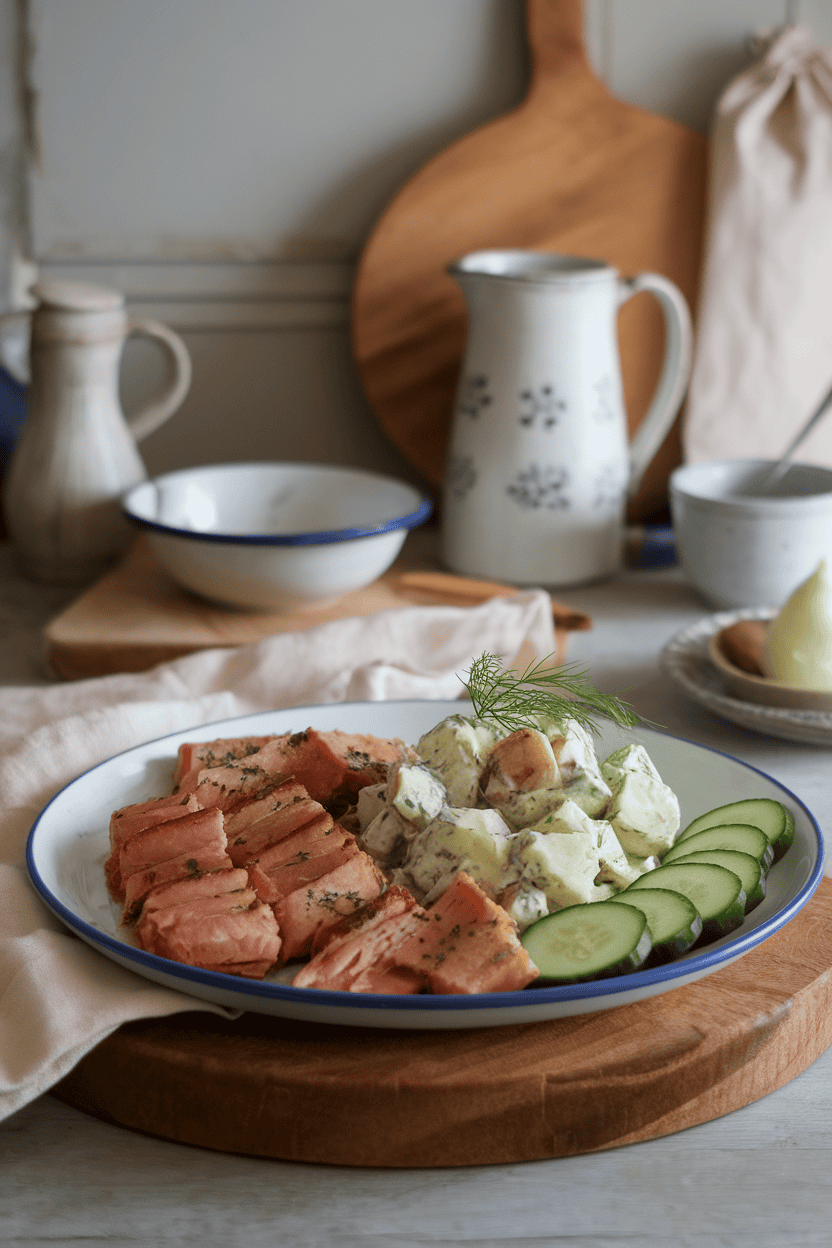 Indoor photo of flaky cooked smoked trout pieces, dill-yogurt potato salad, and cucumber slices; no text or logos.