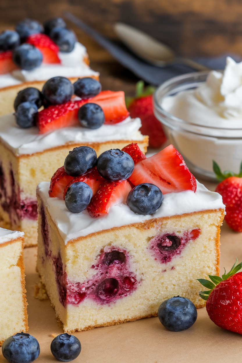 Thick slices of pound cake indoors topped with a spoonful of macerated blueberries and strawberries, whipped cream on the side. Photo only, no text or logos.