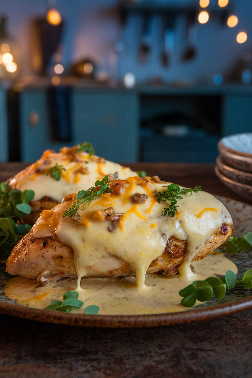Indoor photo of chicken breast topped with melted Gouda cheese and garlic cream sauce, on a rustic plate; evening kitchen lighting, no text or logos