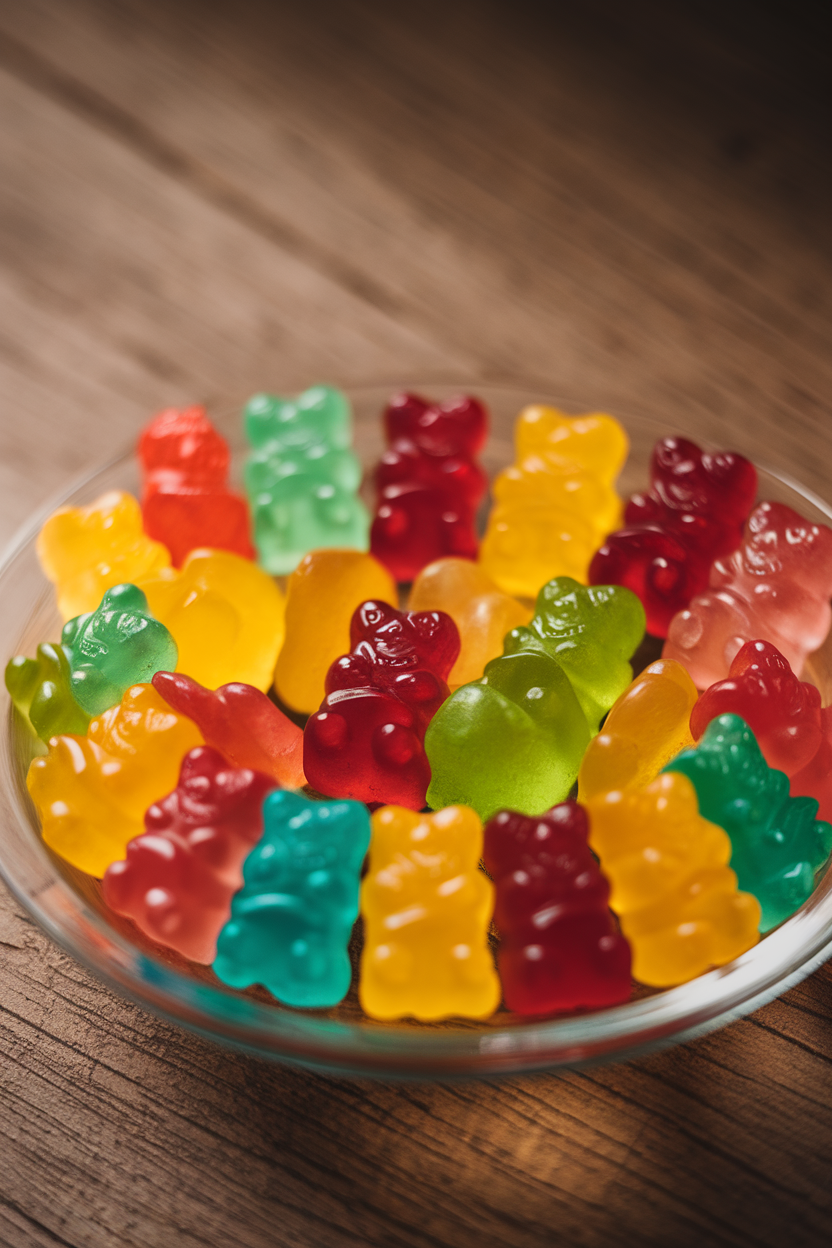 Indoor macro shot of colorful gummy bears made from fruit juice arranged in a shallow dish, translucent bears catching light. No logos or text.