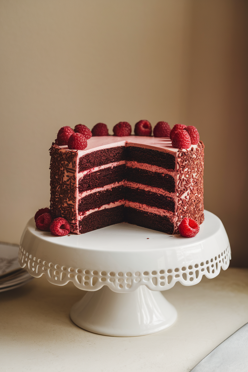 Photo of a three-layer black cocoa cake with deep red cream cheese frosting between layers, sliced on an indoor cake stand, no logos or text.