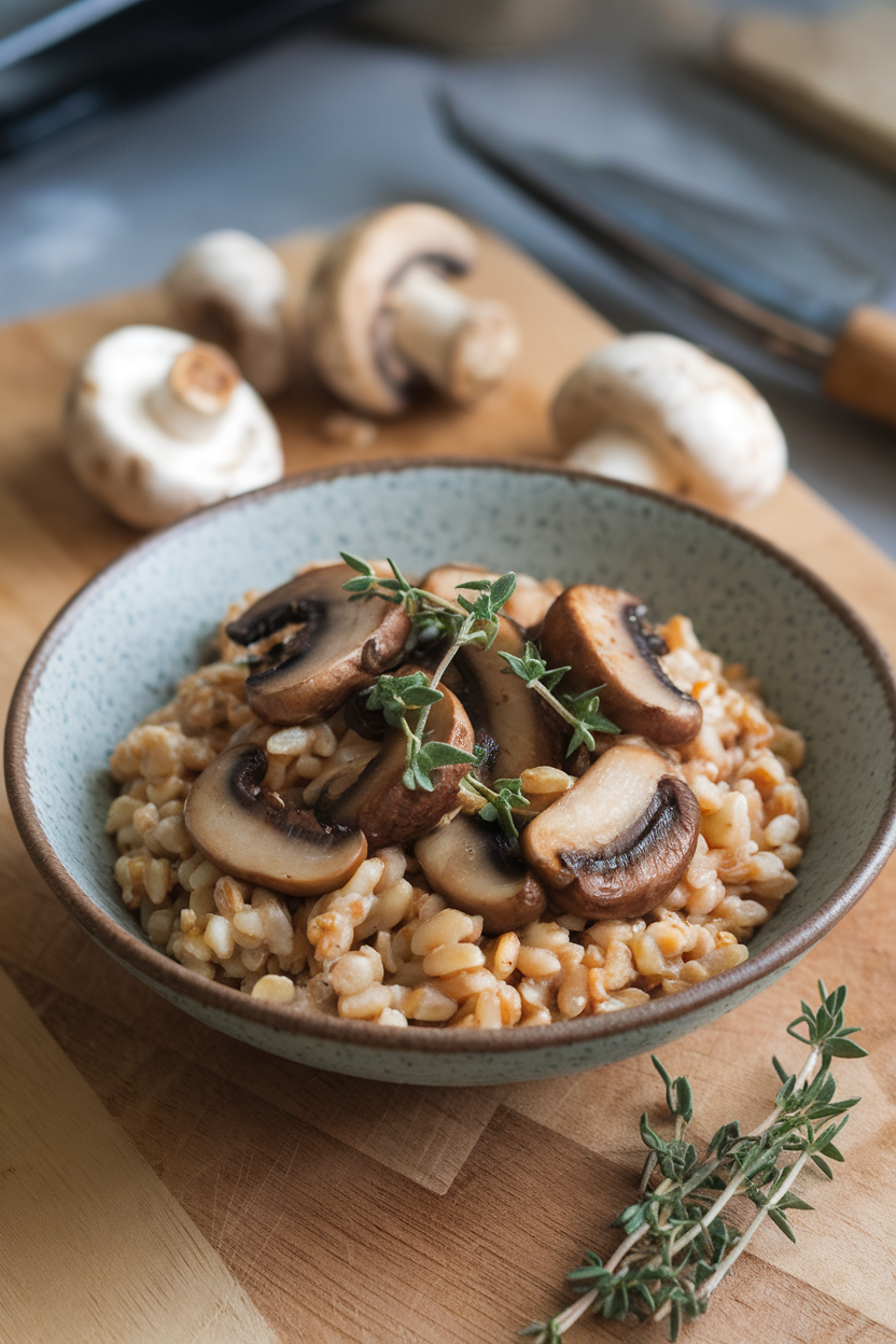 A shallow bowl indoors showing creamy farro studded with sautéed mushrooms and fresh thyme leaves. No text or logos.