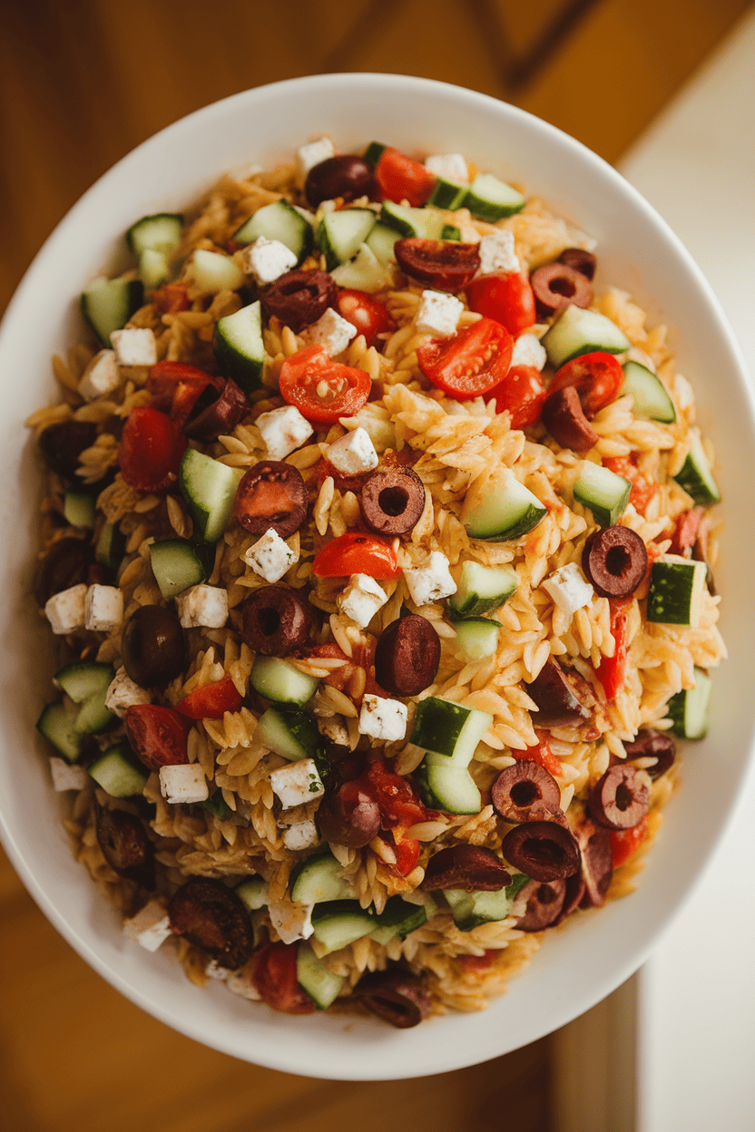 Warm indoor photo of a white platter piled high with orzo pasta, diced cucumbers, tomatoes, olives, and feta, lightly dressed; overhead angle, no text or logos.