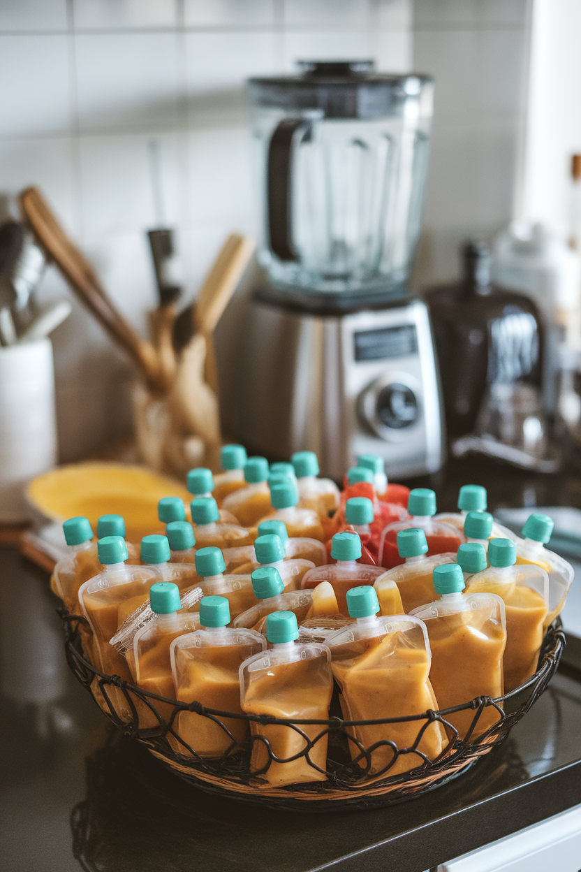 An indoor kitchen counter scene showing a basket of applesauce squeeze pouches in assorted apple varieties, no logos or text visible.
