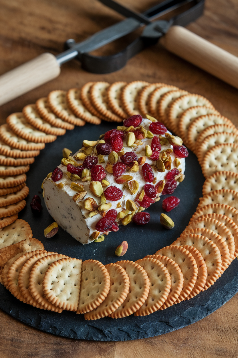 An indoor slate board holding a log of goat cheese coated in chopped cranberries and pistachios, crackers fanned around. No text or logos. Photo only.