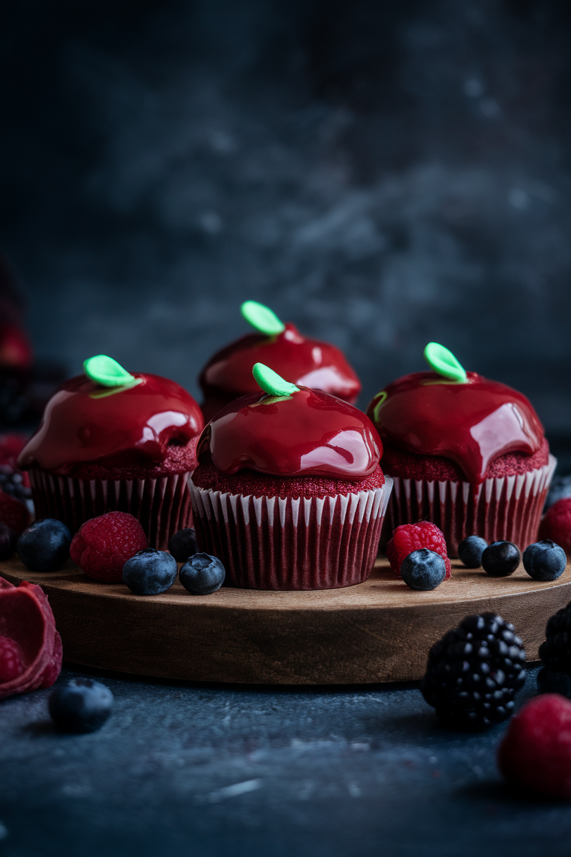 Moody indoor photo of red velvet cupcakes glazed with glossy red candy coating and a tiny green fondant stem, reminiscent of candied apples, no text or logos.
