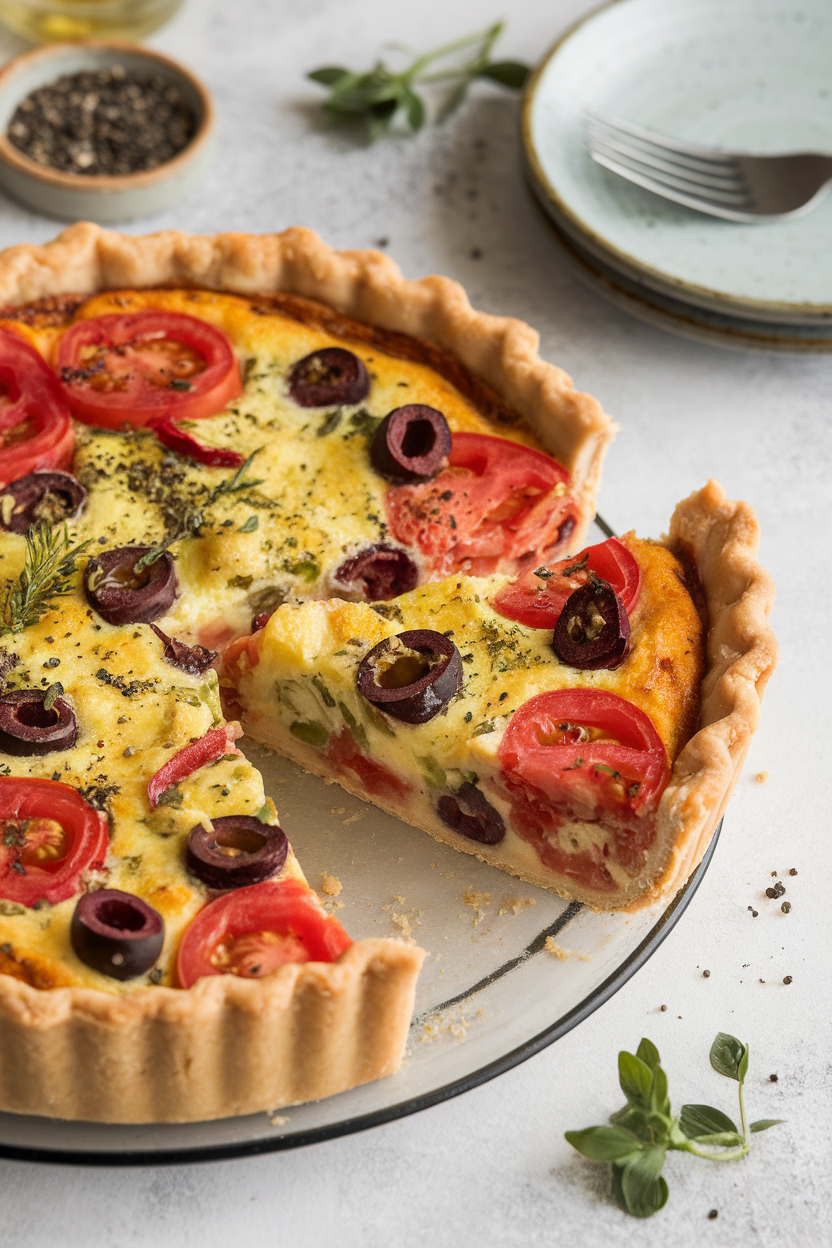 An indoor photo of a slice of tomato, olive, and herb quiche on a small plate, full quiche in background, no text or logos.