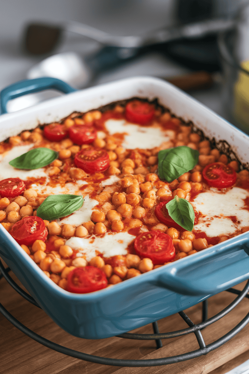 Indoor casserole dish with bubbling chickpeas, cherry tomatoes, basil, and melted mozzarella, set atop a trivet. No text or logos.