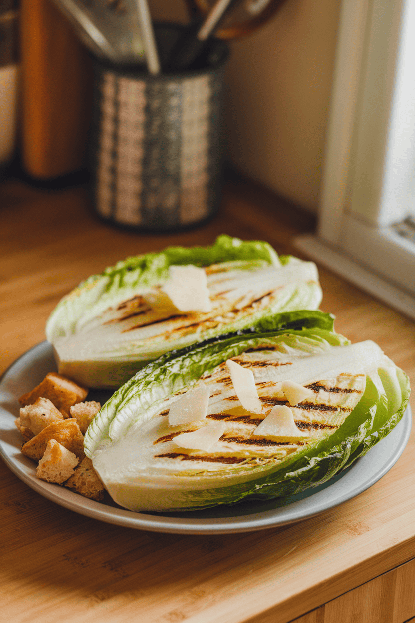 Warm indoor kitchen table with halved grilled romaine hearts drizzled with Caesar dressing and topped with shaved Parmesan. No text or logos visible. Photo, not illustration.