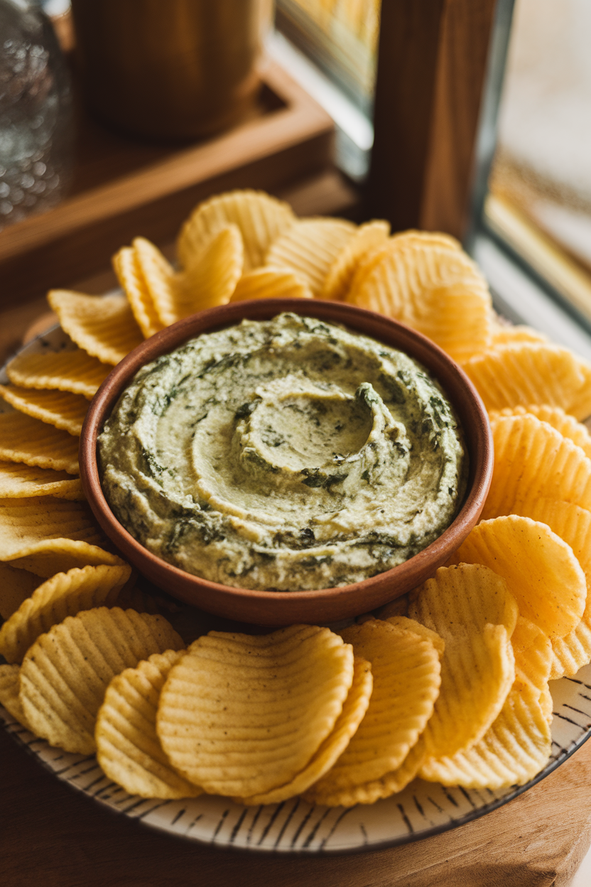 Photo of spinach artichoke dip tinted green, served beside ridged potato chips, indoor lighting. No text or logos.