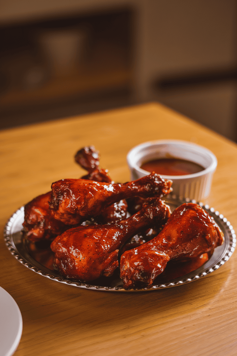 An indoor dining table featuring a platter of glazed, fully cooked chicken drumsticks with a deep mahogany barbecue coating and a ramekin of extra sauce alongside. Warm light, no text or logos; photo only.