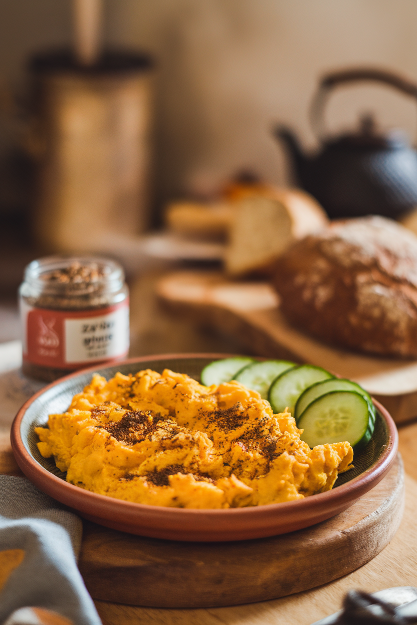 Photo of softly scrambled eggs sprinkled generously with za’atar spice, served on a ceramic plate next to sliced cucumbers, shot indoors. No text or logos visible.