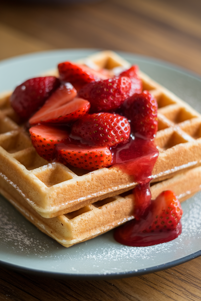 Indoor photo of two whole-grain waffles stacked on a plate, topped with warm strawberry compote; no text or logos.
