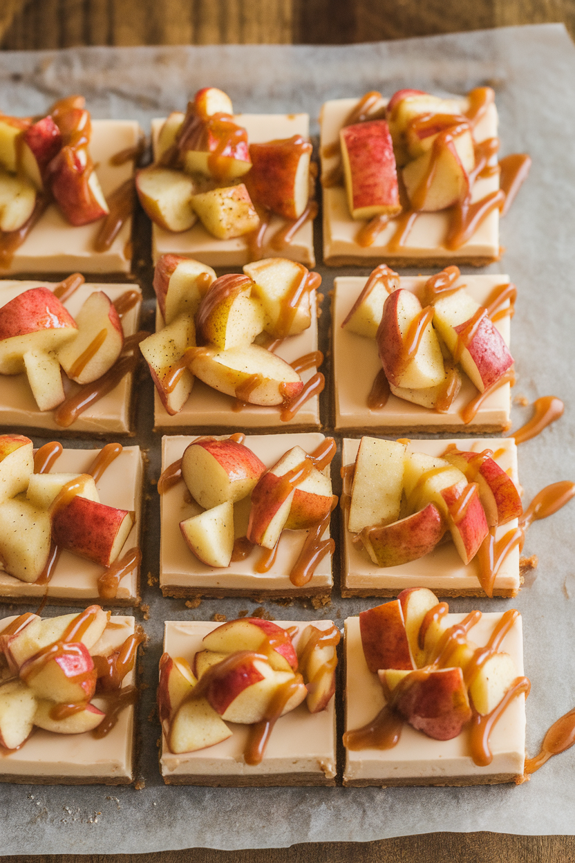 Indoor photo of square cheesecake bars topped with diced cinnamon apples and a caramel drizzle, arranged on parchment. No text or logos.