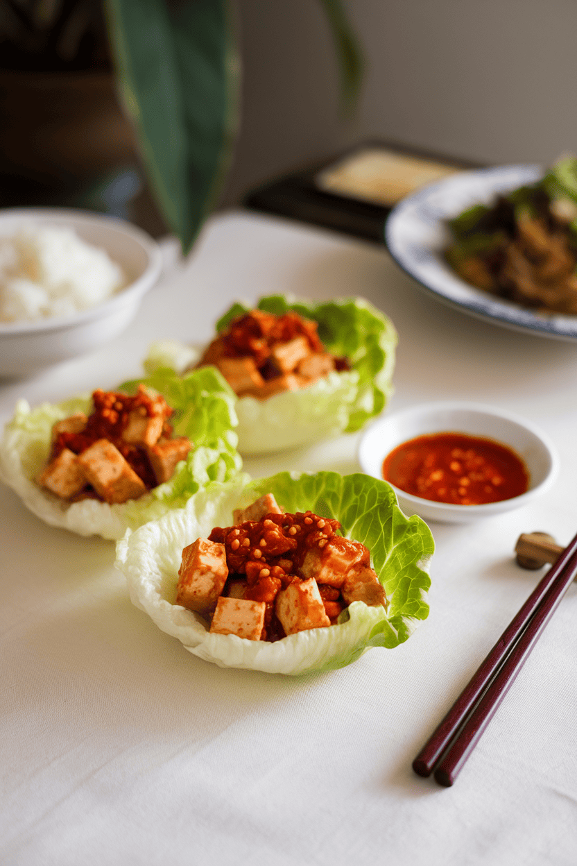 Photo of iceberg lettuce cups filled with crumbled tofu in red chili sauce on a table indoors, no text or logos.