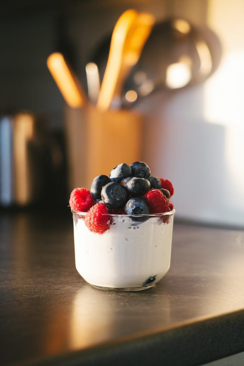 An indoor kitchen counter holding a small white bowl of thick Greek yogurt topped with a tumble of blueberries, raspberries, and a light drizzle of honey; warm window light from the side, no text or logos visible.