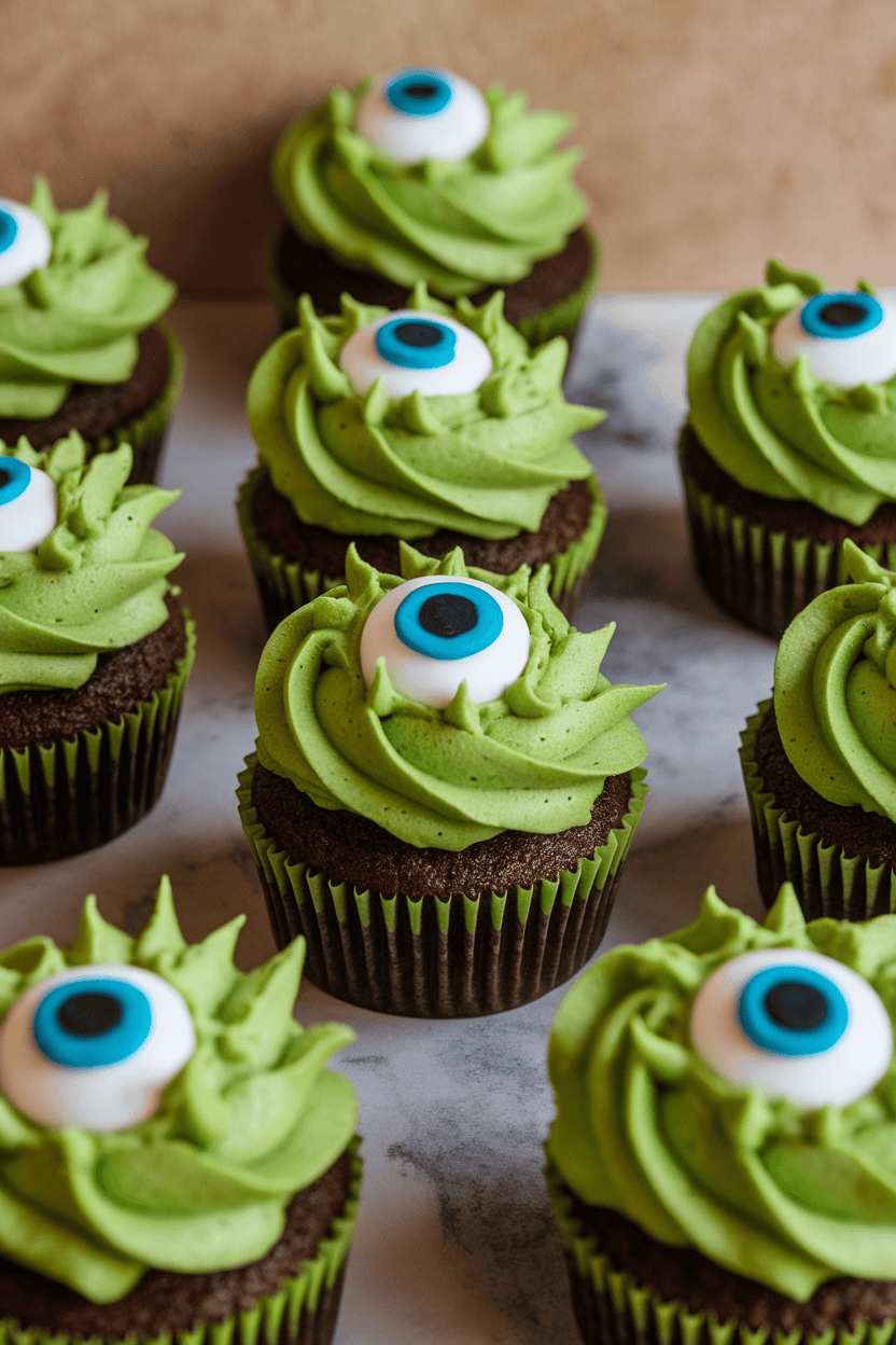 Indoor tabletop photo of vivid green matcha cupcakes with messy spiked frosting and a single large candy eye in the center; no text or logos