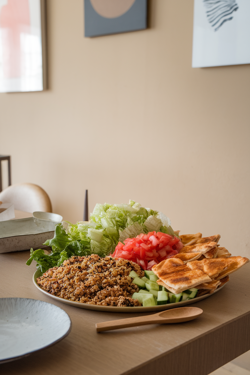 Indoor dining table displaying a platter with quinoa, chopped romaine, tomato, cucumber, and broken toasted pita chips; no logos or text.