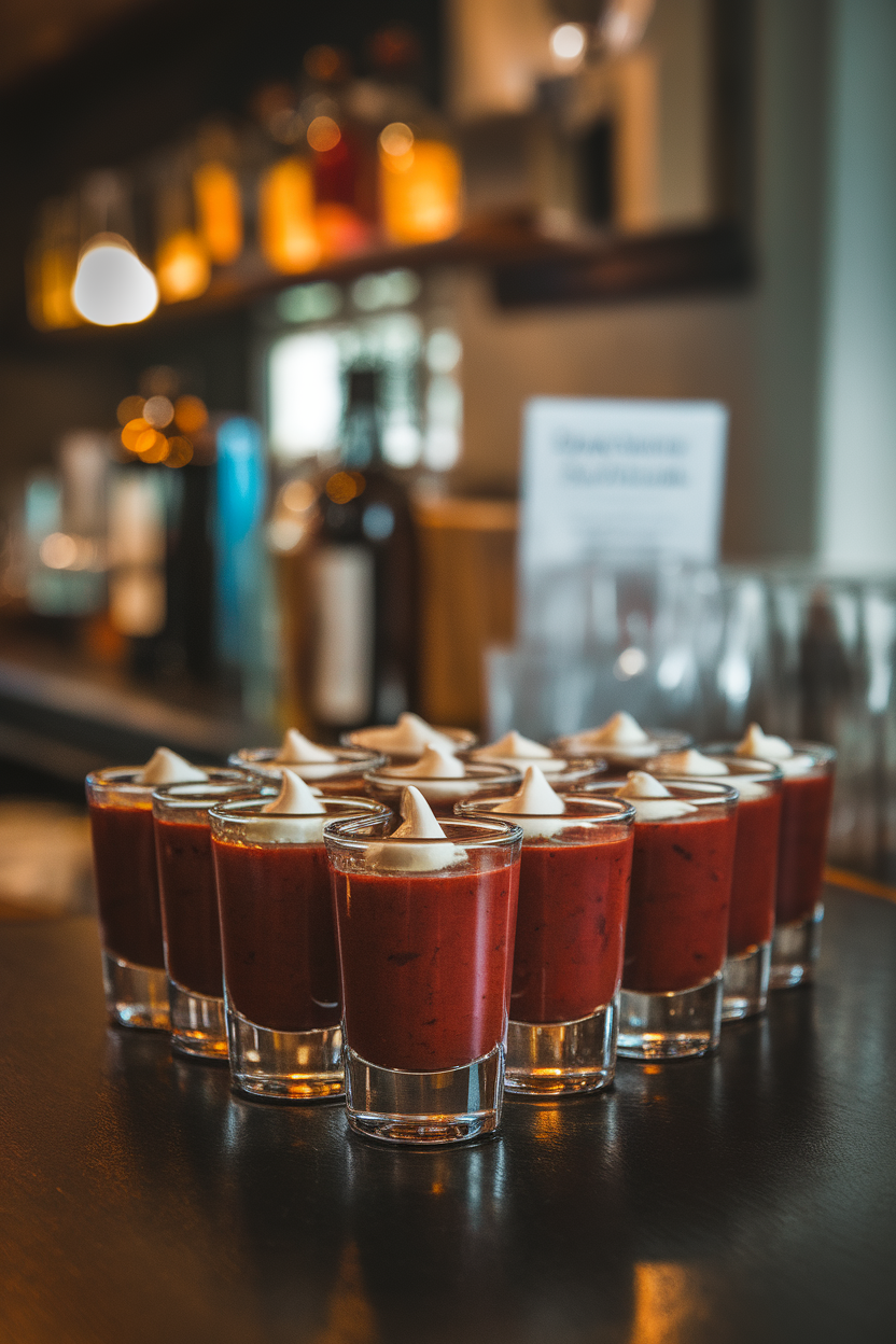 A dark indoor bar lined with clear shot glasses of deep red roasted pepper soup, each topped with a dab of crème fraîche. No text or logos. Photo, not illustration.