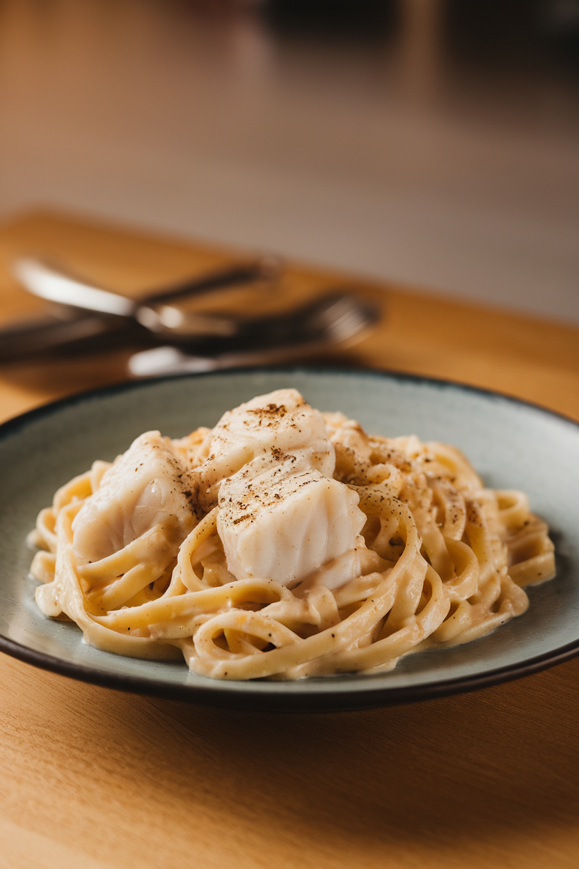 Indoor plate of fettuccine tossed in Alfredo sauce with chunks of cod and cracked black pepper. No text or logos.