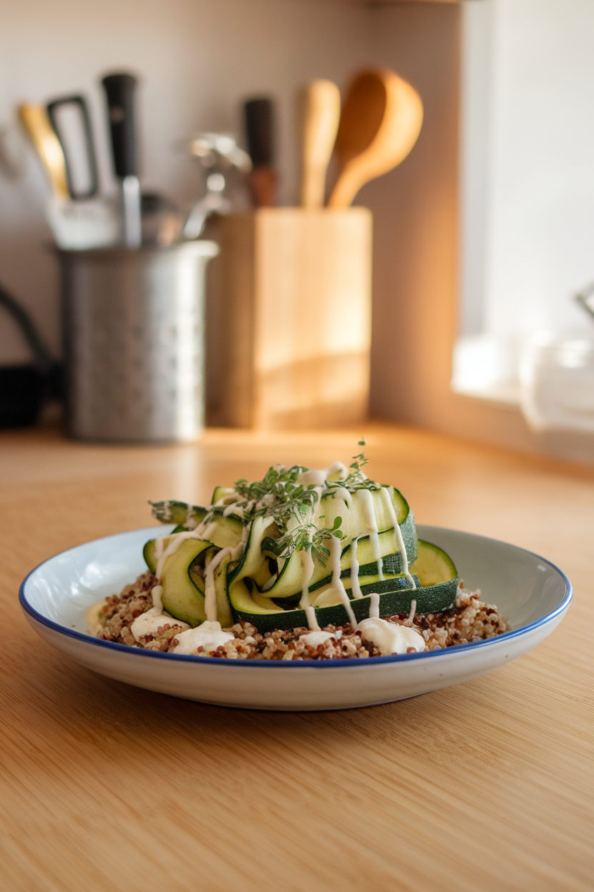 Indoor kitchen island with ribbons of sautéed zucchini atop quinoa, drizzled with lemon yogurt sauce; no text or logos.