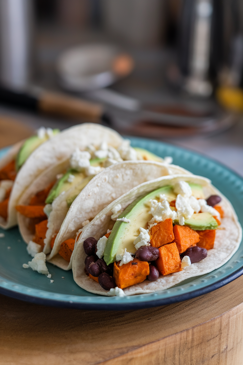 Indoor plate holding three soft tortillas filled with roasted sweet potatoes, black beans, avocado slices, and crumbled queso fresco. No text or logos.