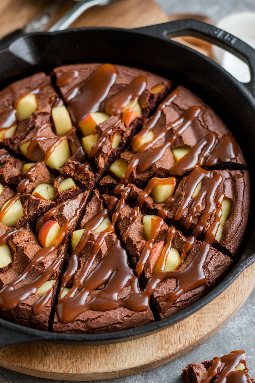 Indoor photo of a cast-iron skillet filled with brownie wedges studded with diced apples and drizzled generously with caramel sauce; no text or logos visible