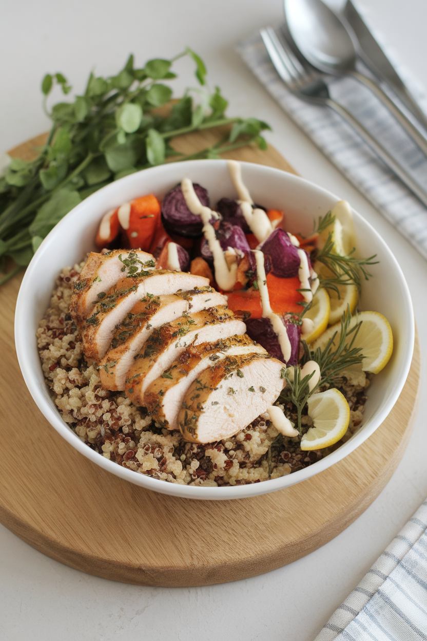 Indoor bowl with quinoa, sliced herbed chicken breast, roasted veggies, and drizzle of lemon vinaigrette. No logos. Photo.