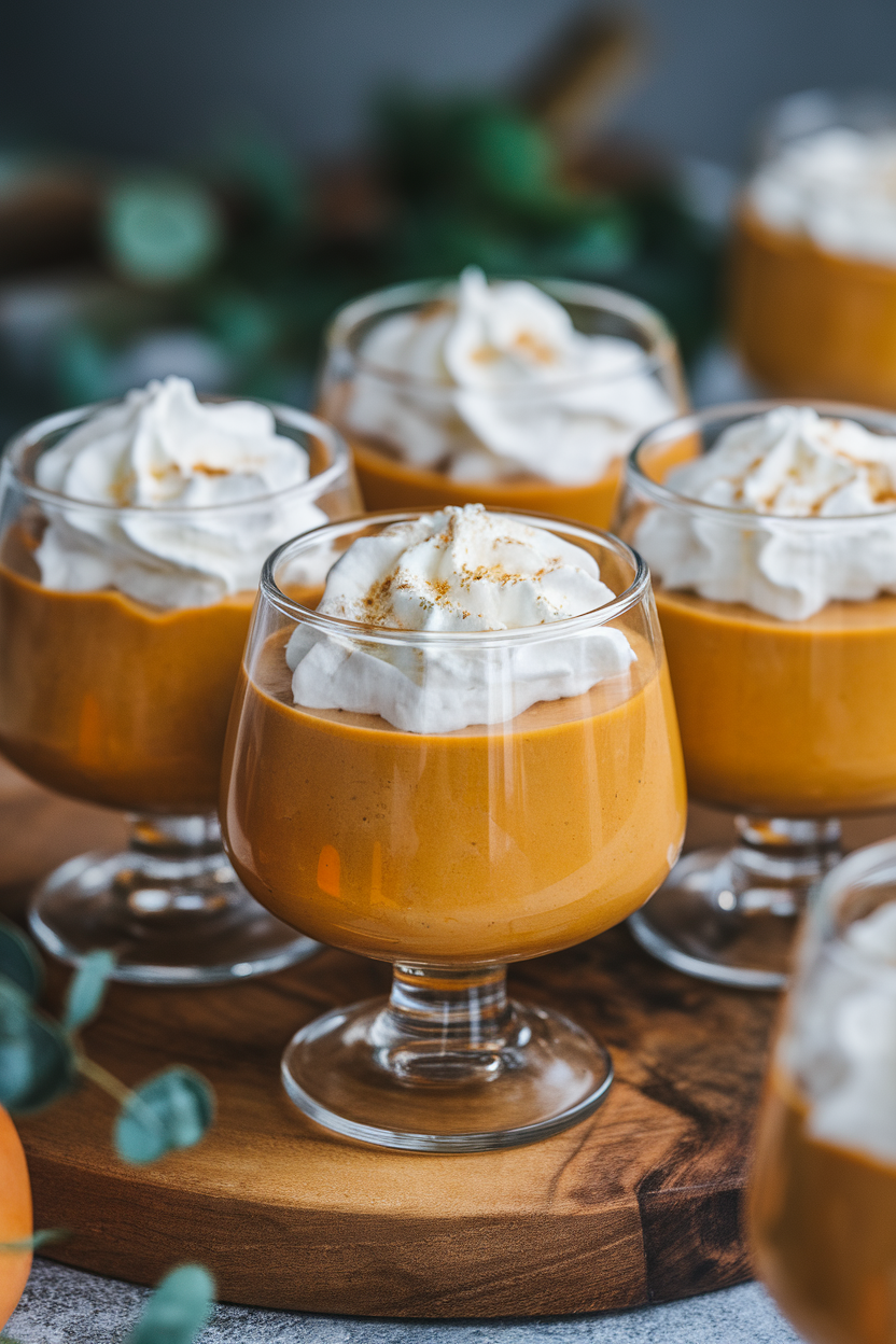 Indoor photo of glass dessert cups filled with creamy persimmon pudding, topped with whipped cream and a sprinkle of nutmeg. No text or logos.