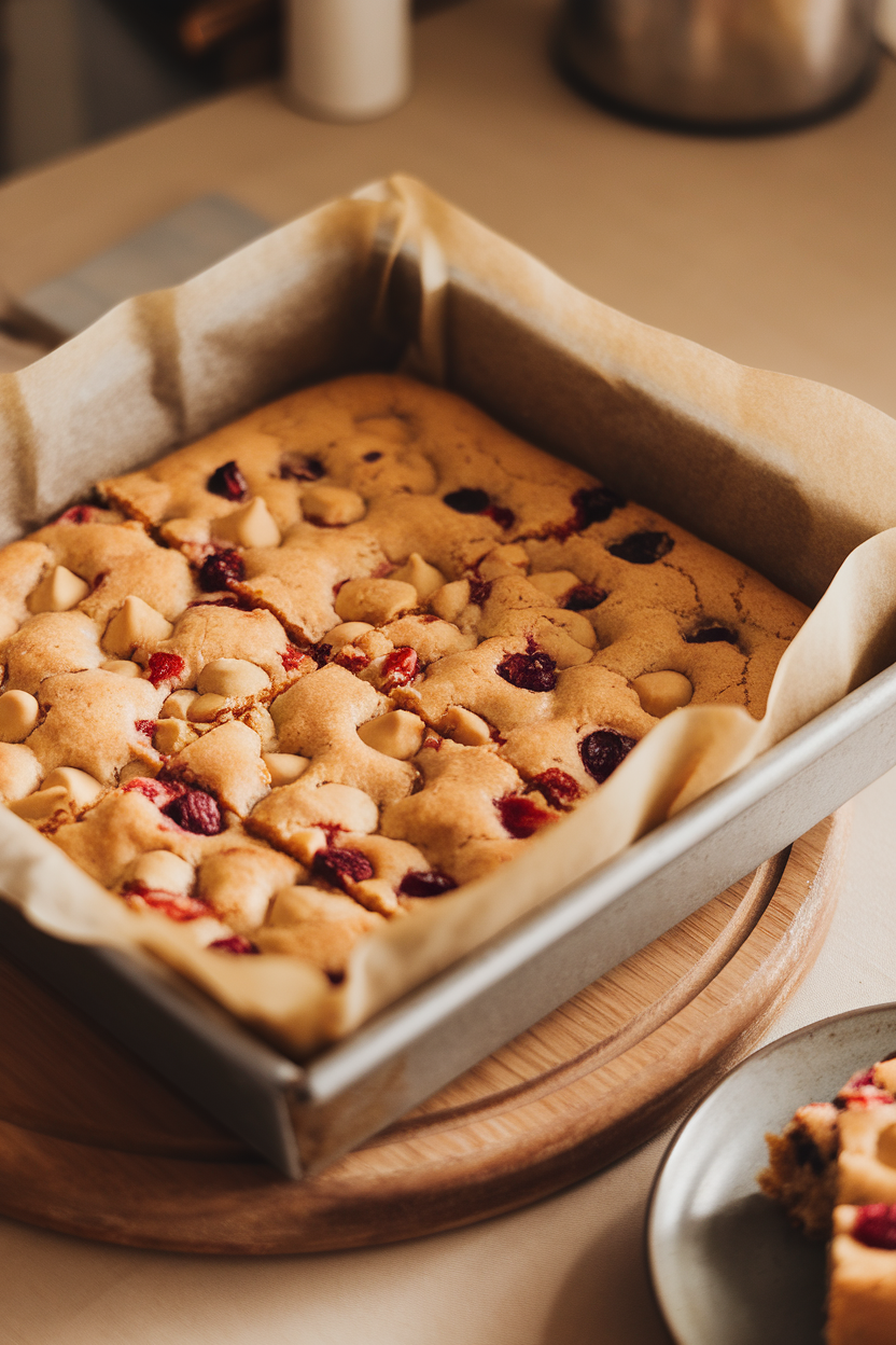 Indoor parchment-lined pan of golden blondies cooled and cut, chips and cranberries visible. Warm light, no logos. Photo, not illustration.
