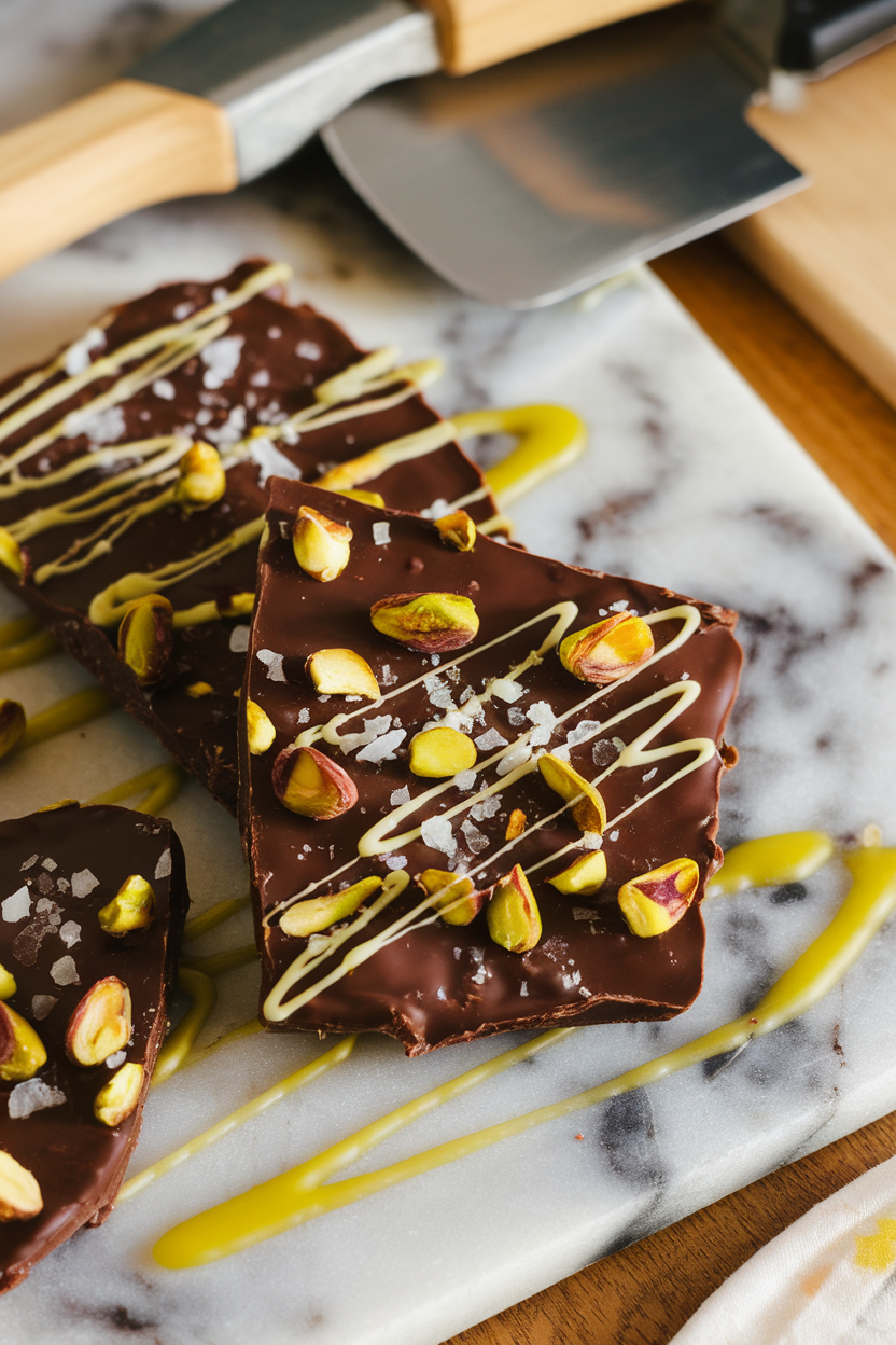 An indoor marble slab displaying glossy dark chocolate bark drizzled with olive oil and sprinkled with chopped pistachios and sea salt. No text or logos.