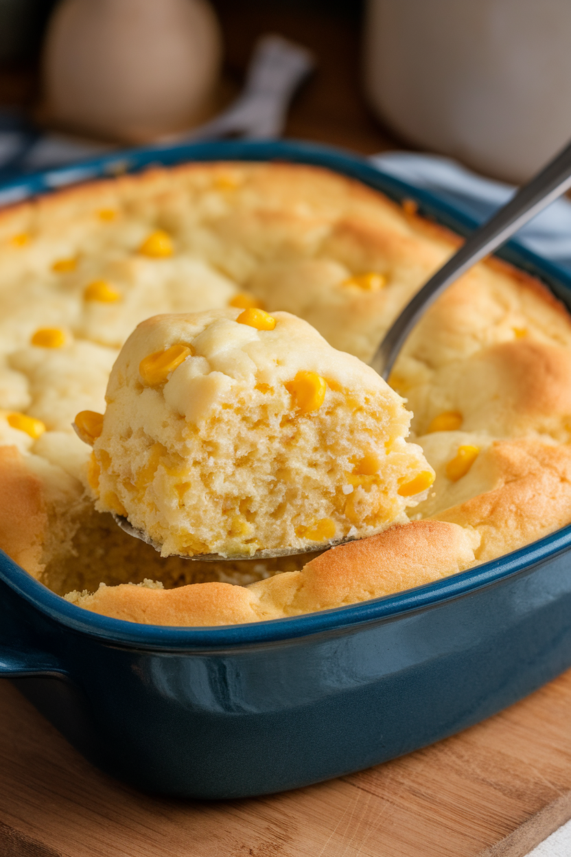 A casserole dish indoors with fluffy golden spoonbread, a serving spoon revealing moist interior dotted with corn kernels; no text or logos. Photo only.