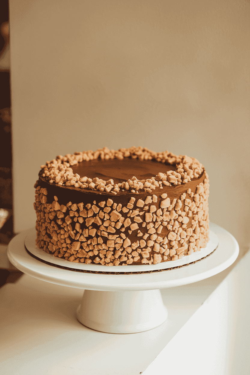 An indoor bakery display with a chocolate mocha layer cake coated in espresso buttercream and studded with crushed toffee bits. No text or logos. Photo.