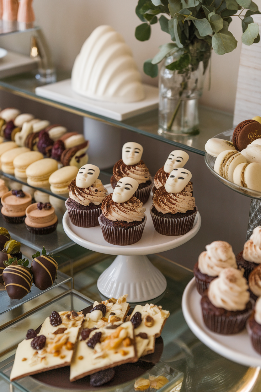 Indoor elegant dessert table with tiramisu cupcakes dusted in cocoa and topped by a mini white chocolate mask, no text or logos.