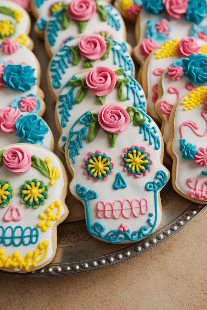 Indoor photo of skull-shaped cookies decorated with vibrant floral and swirl patterns in pink, blue, and yellow icing, lined on a serving tray, no text or logos.