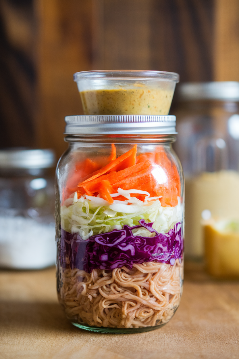Indoor photo of a mason jar layered with cooked soba noodles, shredded red cabbage, julienned carrots, and peanut dressing in a small container on top. No text or logos.