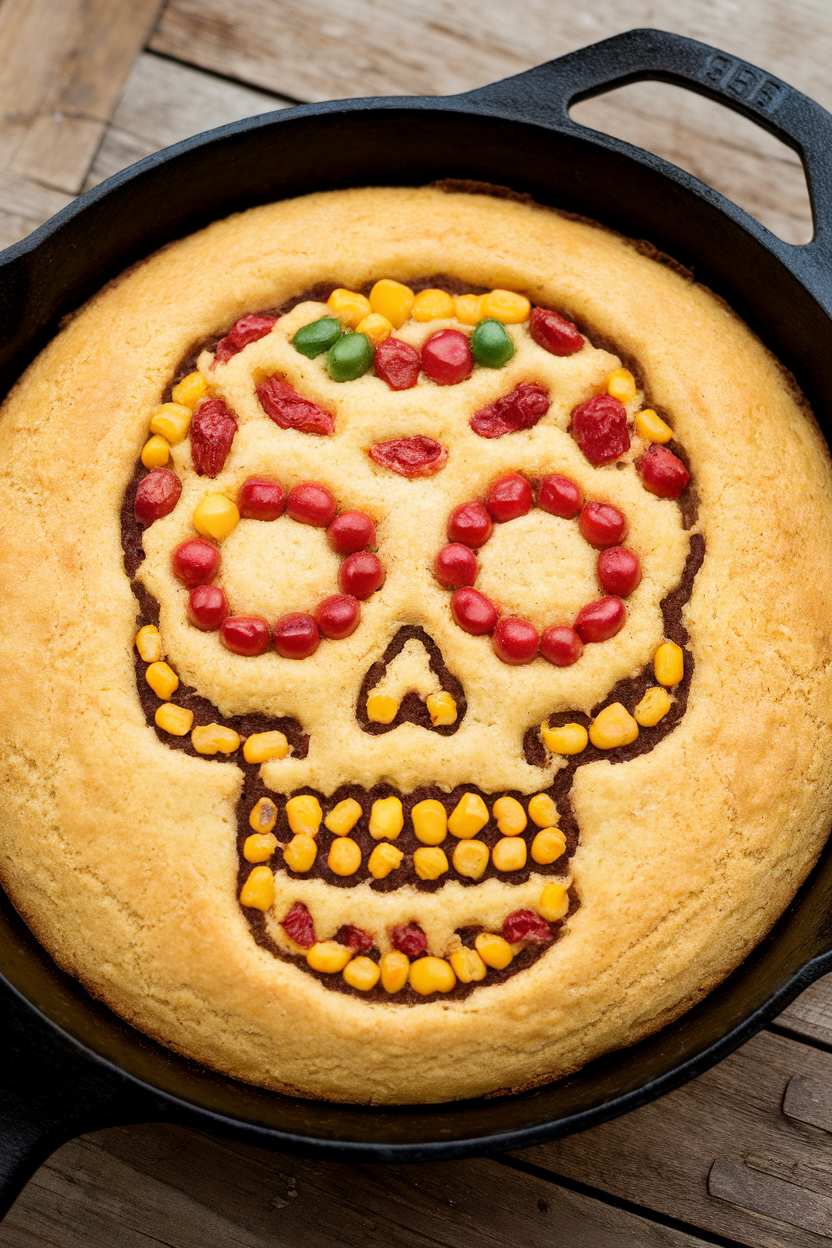 Indoor cast-iron skillet cornbread decorated with colorful bell pepper and corn kernels forming sugar-skull patterns. No text or logos.