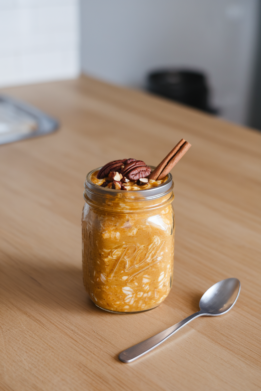 A mason jar on an indoor wooden counter filled with orange-hued pumpkin oats, topped with pecans. Photo only, no text or logos.