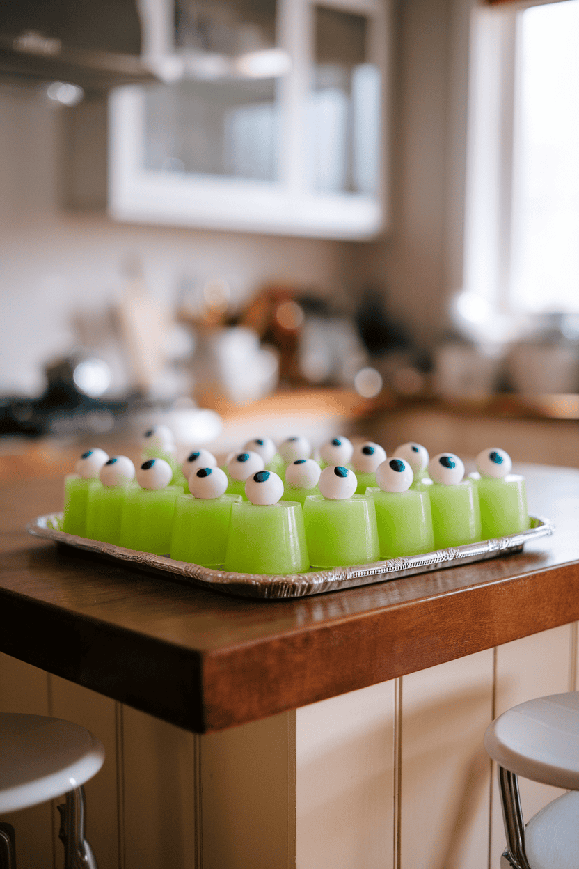 An indoor kitchen island lined with bright green melon jello shots, candy eyeballs perched on top, soft ambient lighting, no text or logos