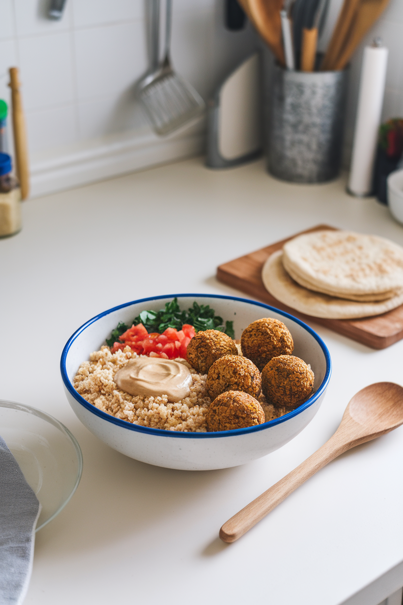 Photo inside a kitchen with a bowl of whole-wheat couscous, baked falafel balls, chopped tomato, parsley, and tahini drizzle. No logos or text anywhere.