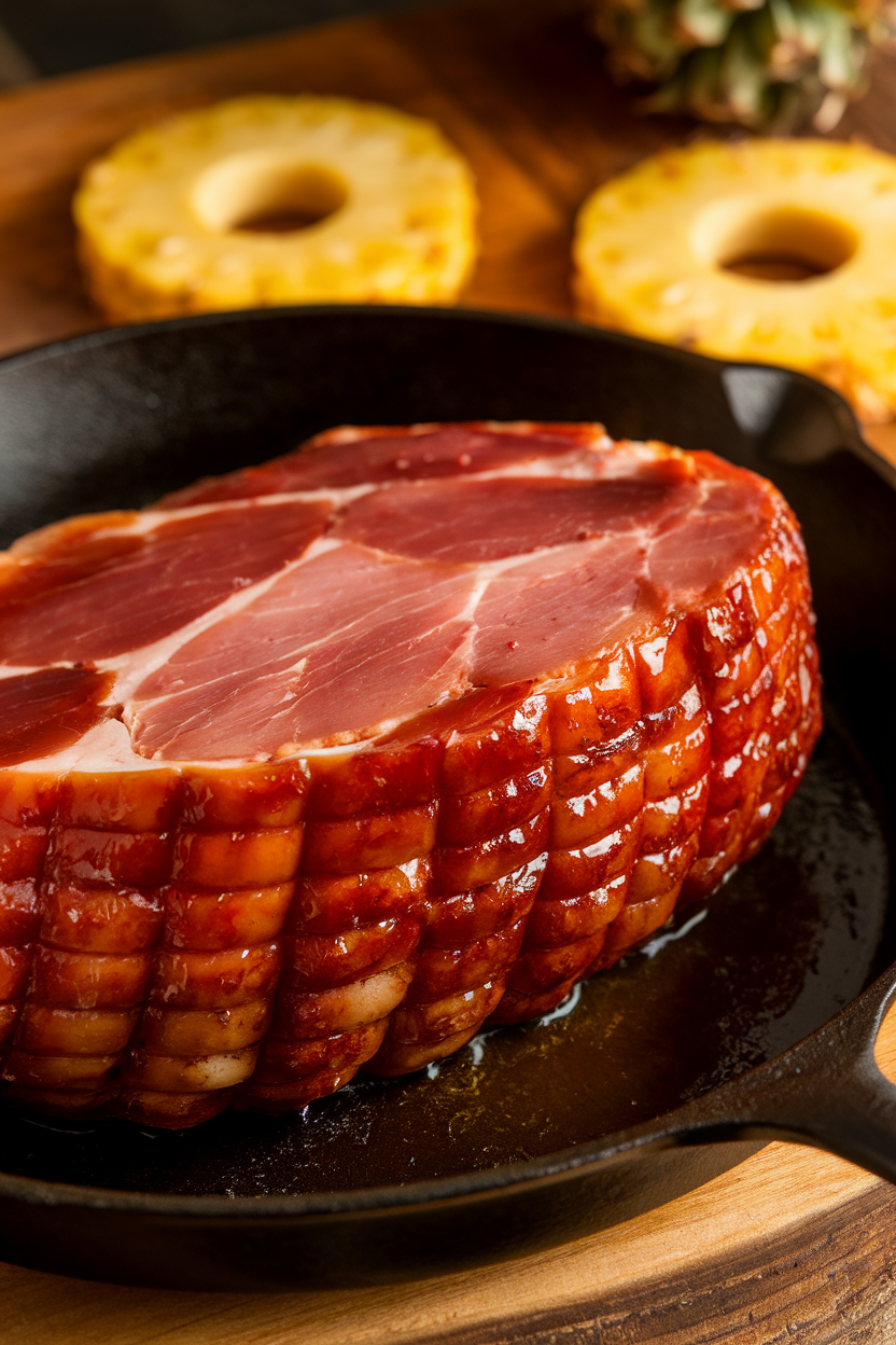 Indoor photo of thick ham steak caramelized with bourbon glaze on a skillet, pineapple rings in background, no text or logos. Photograph, not illustration.