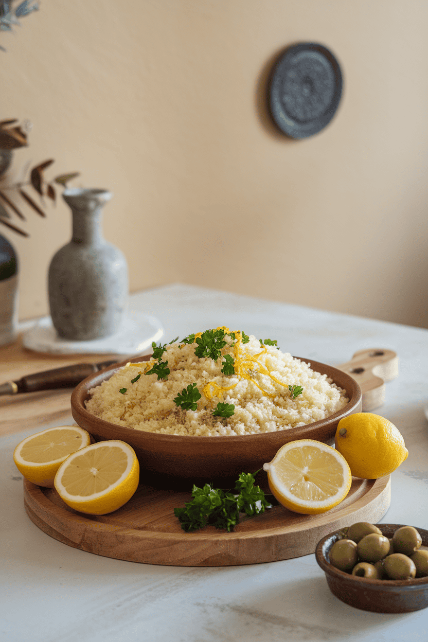 Indoor dining table featuring a bowl of fluffy couscous dotted with parsley and lemon zest, no text
