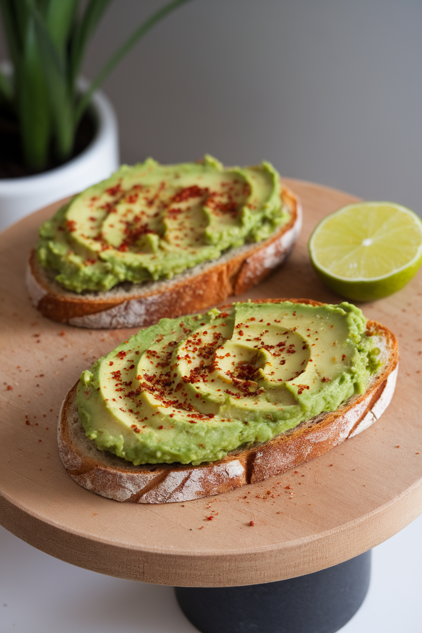 Photo of an indoor serving board holding two slices of toasted sourdough spread with mashed avocado, sprinkled with chili flakes and a lime wedge on the side. No text or logos.