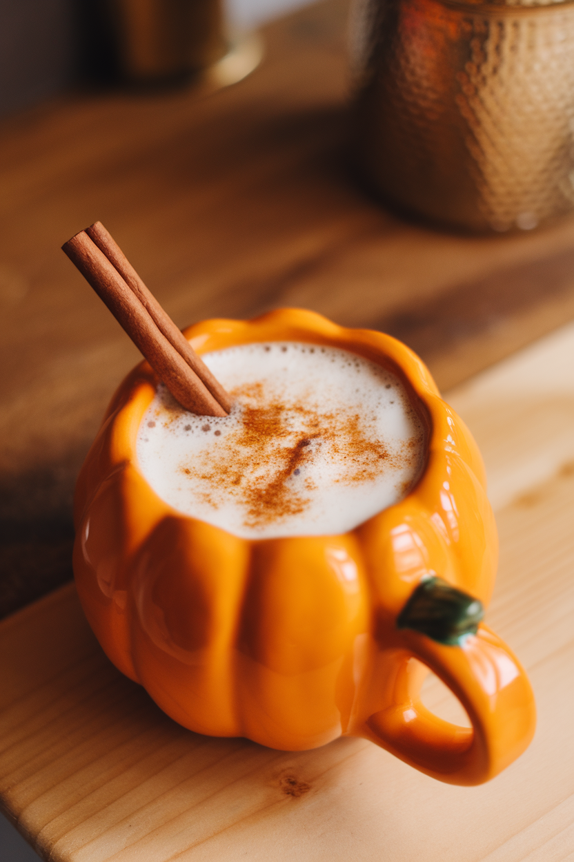 Indoor photo of warm pumpkin spice steamed milk in a ceramic pumpkin-shaped mug, cinnamon stick stirring. No text or logos visible.
