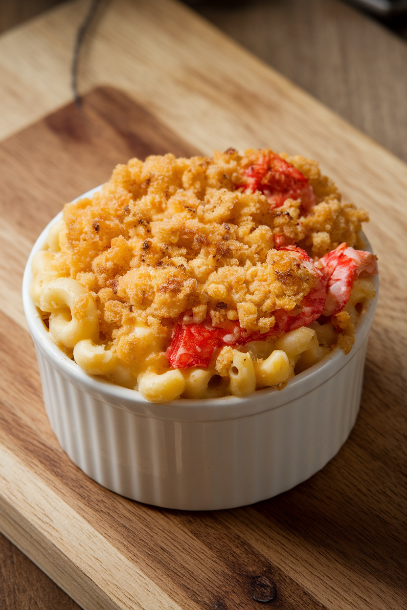 Indoor photo of ramekin filled with lobster mac and cheese, buttered breadcrumb topping browned, no text or logos. Photograph, not illustration.